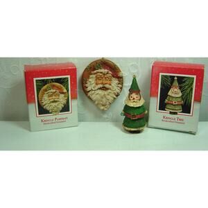 2 VINTAGE HALLMARK ORNAMENTS-KRINGLE PORTRAIT & KRINGLE TREE-HANDCRAFTED-1988